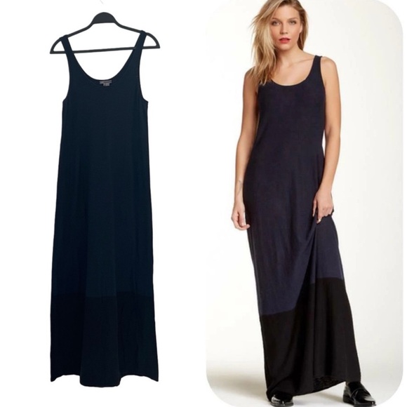Vince 100%‎ Cotton Knit Tank Navy Black Colorblock Sleeveless Maxi Dress L - Picture 1 of 9